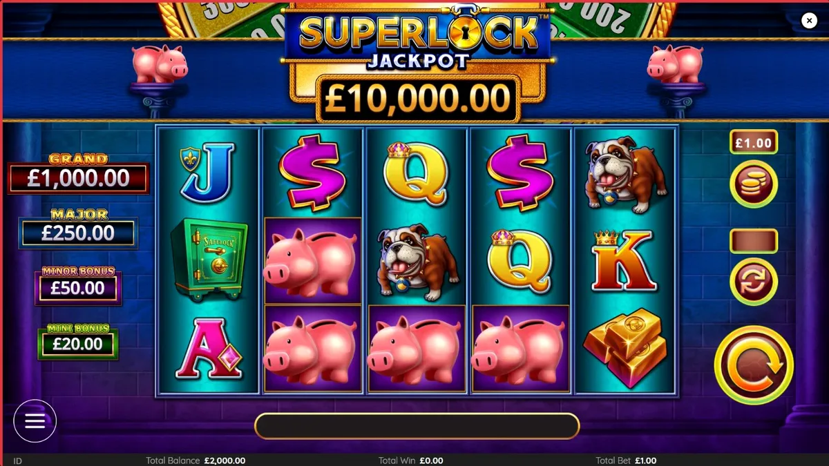 Tampilan visual mesin slot Piggy Bankin’ Super Lock dengan tema emas dan perbankan